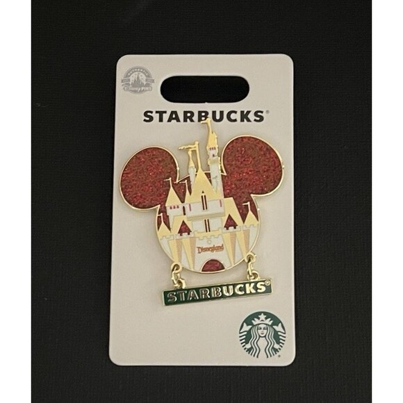 Disneyland DLR 2023 Starbucks Sleeping Beauty Castle Glitter Dangle Pin - Picture 1 of 2